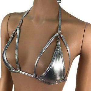 Wet Look Skimpy Metallic Silver Triangle Bikini Top Sexy Cage Exotic Bra Top